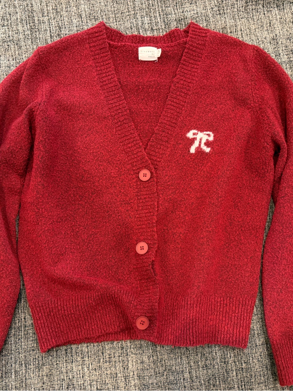 Dreamers Red V-Neck Button Cardigan with White Embroidered Detail